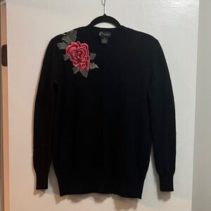Bloomingdale's 100% Cashmere Black Crewneck Sweater with Pink Rose Applique